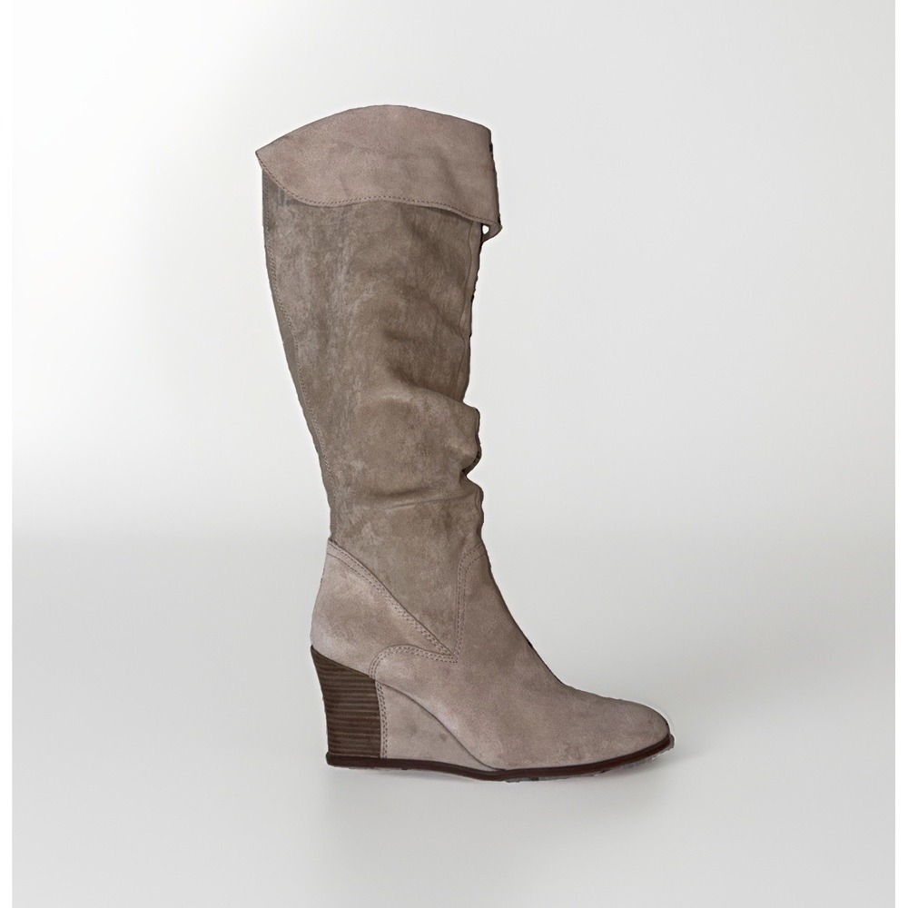 Lucca Lane Zander Beige Suede Slouchy Tall Wedge Boots Size 11M Fold Over Cuff